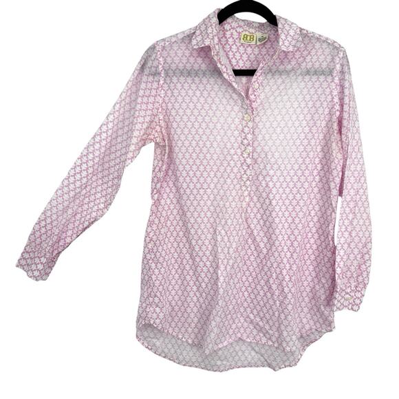 Boo Gemes Uni Shirt Women Size Medium Pink Patterned Long Sleeve Cotton Popover - Picture 1 of 11